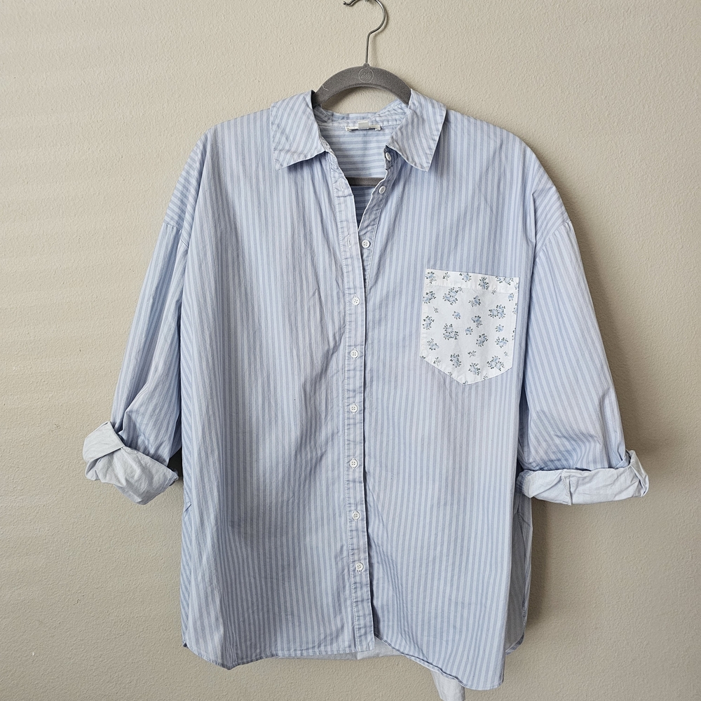 For Love And Lemons Light Blue Striped Button-Down Shirt with Floral Pocket